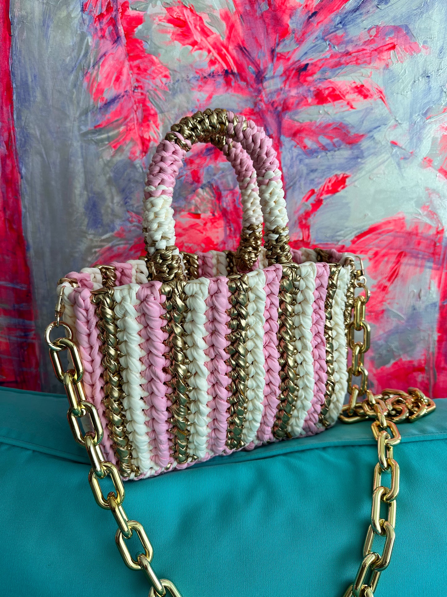 
                  
                    Rajas Small Tote Bag in Off White + Pink + Gold
                  
                