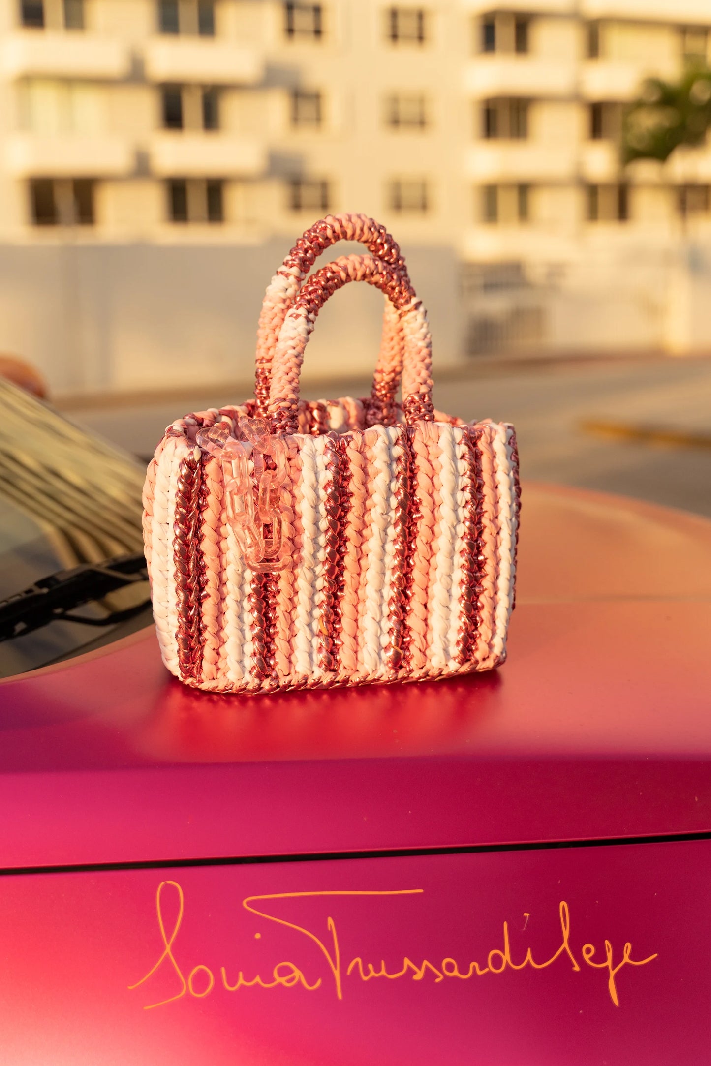 
                  
                    Rajas Small Tote Bag with Pink + White Stripes
                  
                