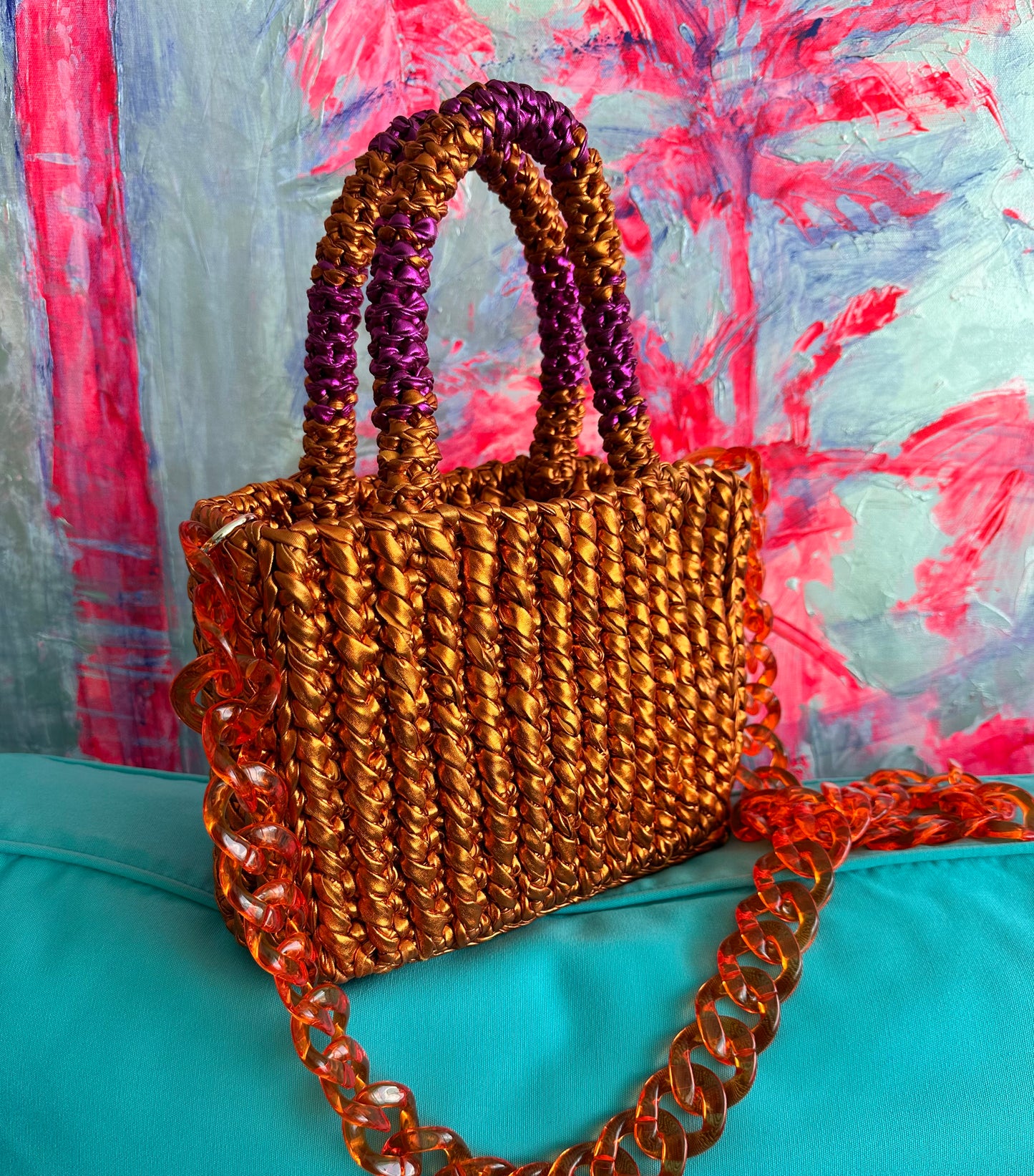 
                  
                    Rajas Small Tote Bag in Metallic Orange + Purple
                  
                