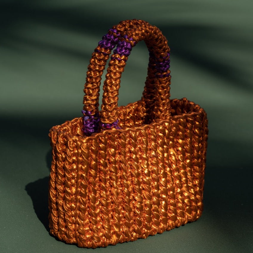 
                  
                    Rajas Small Tote Bag in Metallic Orange + Purple
                  
                