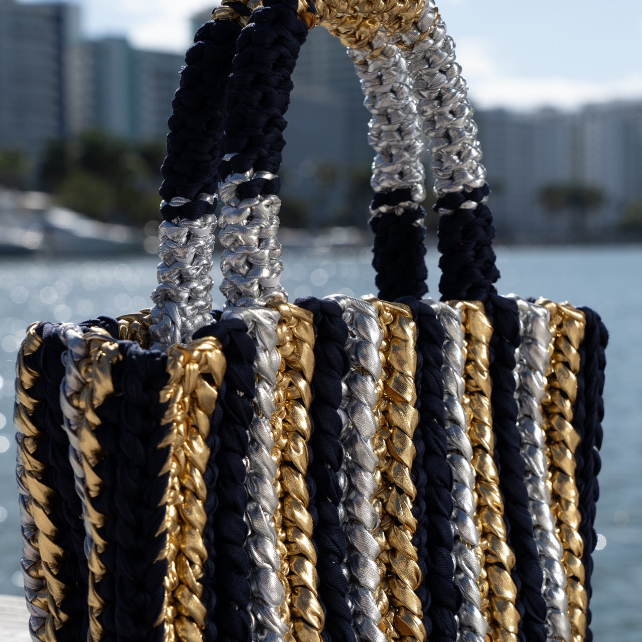 
                  
                    Rajas Stripes Small Tote Bag in Navy Blue + Metallic Gold + Silver
                  
                